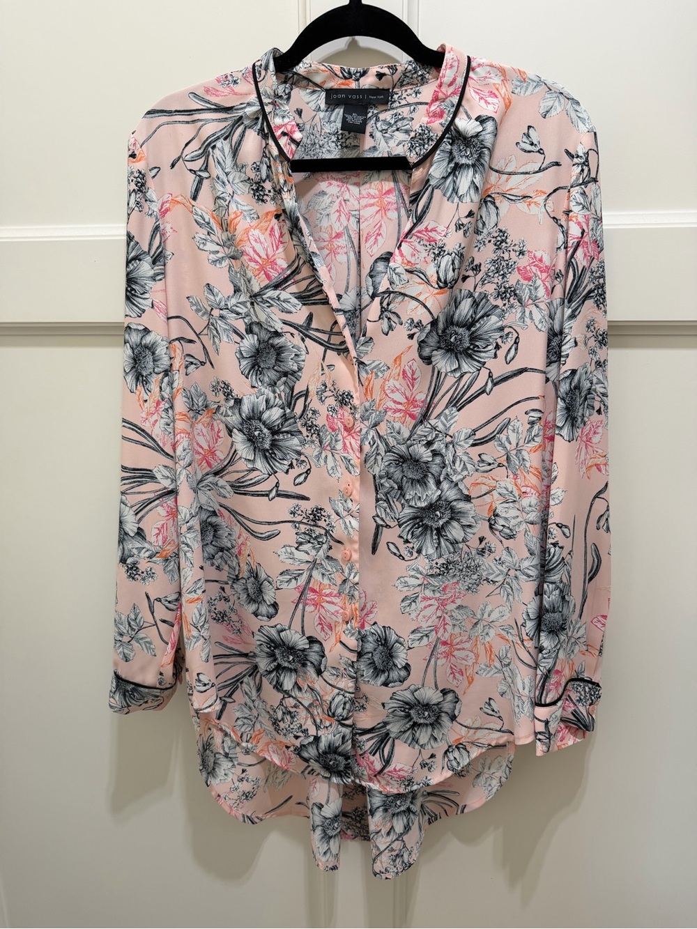 Joan Vass New York Floral Button Front Blouse XL Pink Long Sleeve